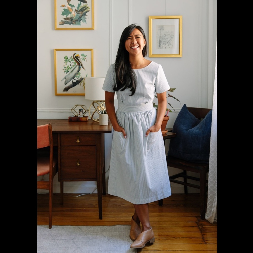 Sezane Robe Odalie Seersucker Bleu Ecru FR 40 / US 8 - Picture 12 of 14